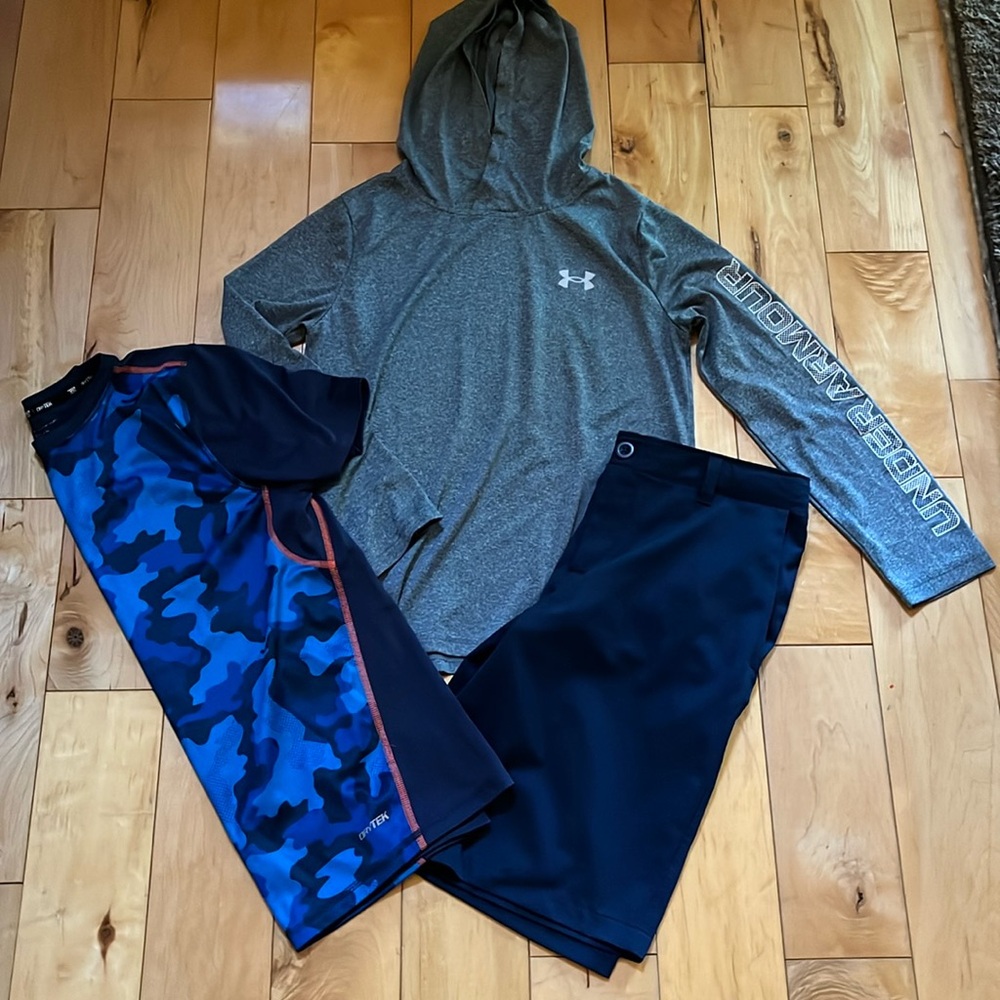 Boy’s navy blue Under Armour dress shorts, hoodie & camouflage T-shirt bundle